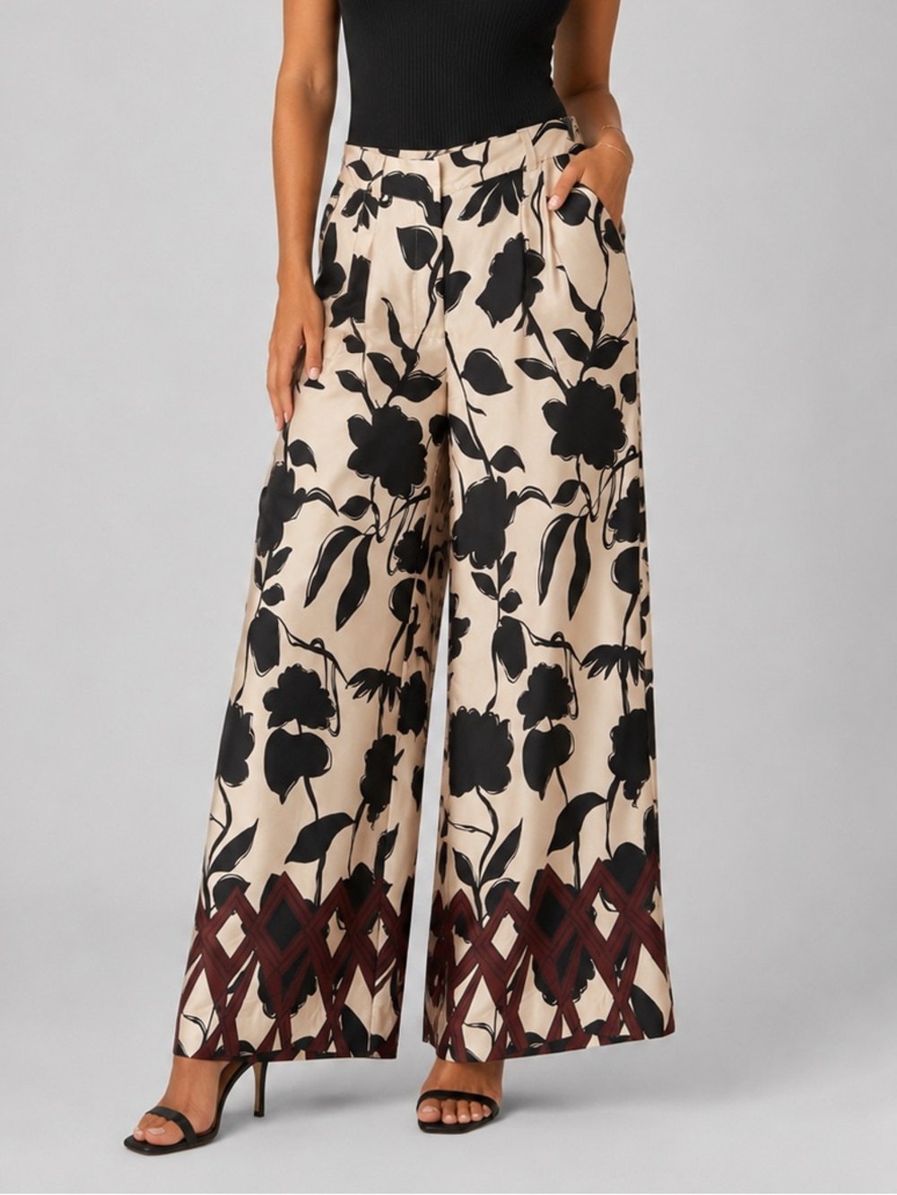 🆕🌾 Antonio Melani Sorrento Floral Wide Leg Satin Pants Size 6 Beige Black High